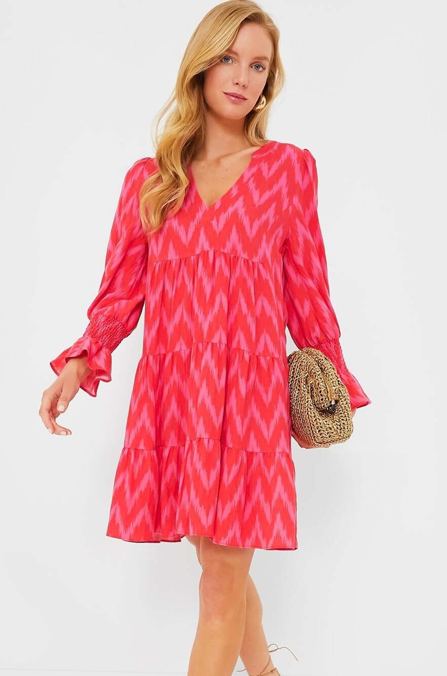Pomander Place Hot Pink Ikat Kenzo Mini Dress Medium Tiered V Neck Boho